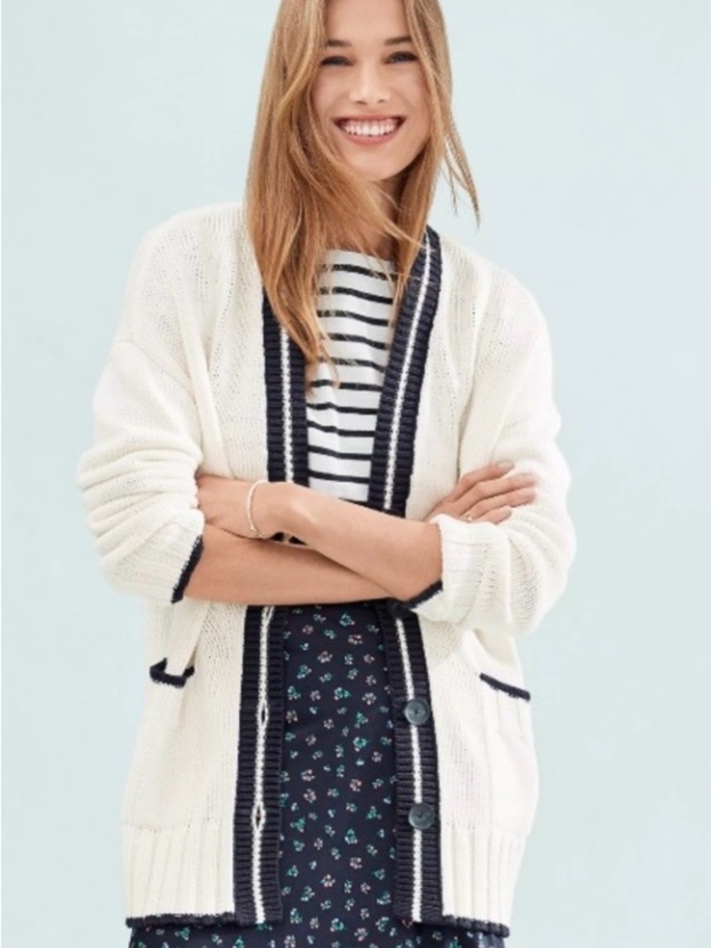 LOFT Tipped Soft Relaxed V-Neck Mid-Length Chunky Cardigan Cream Black Pockets